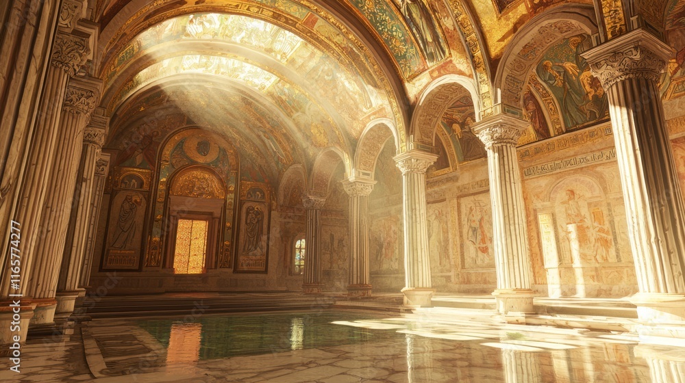 Obraz premium Illuminated Byzantine Fresco: Vibrant Religious Scenes in Photorealistic Detail