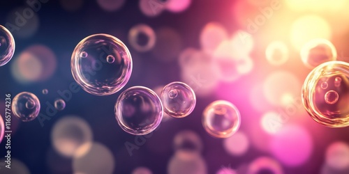 Soap bubbles floating and glowing on a colorful background, creating a beautiful and abstract image