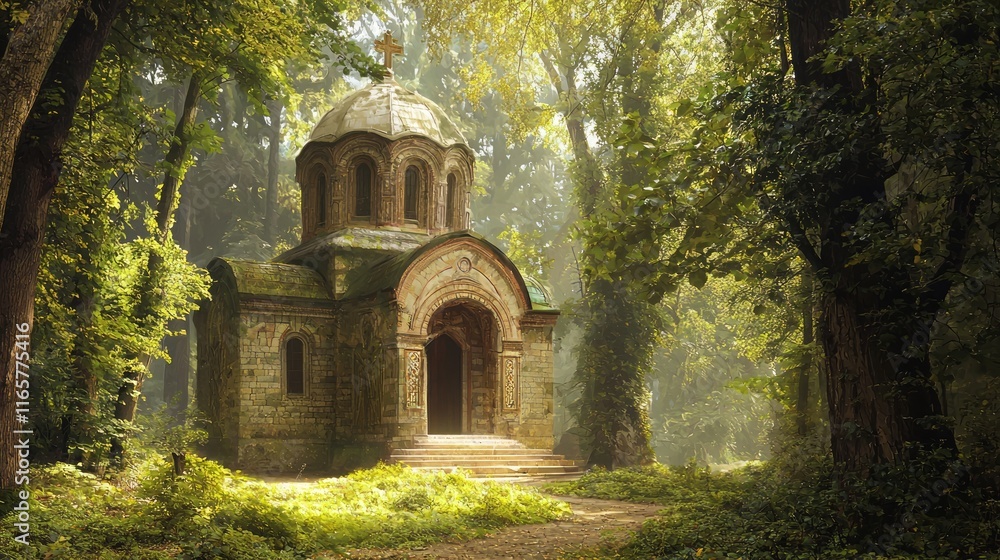 Fototapeta premium Tranquil Byzantine Chapel in Forest Setting - Photorealistic Ultra-Detailed Artwork for Serene Reflection and Prayer