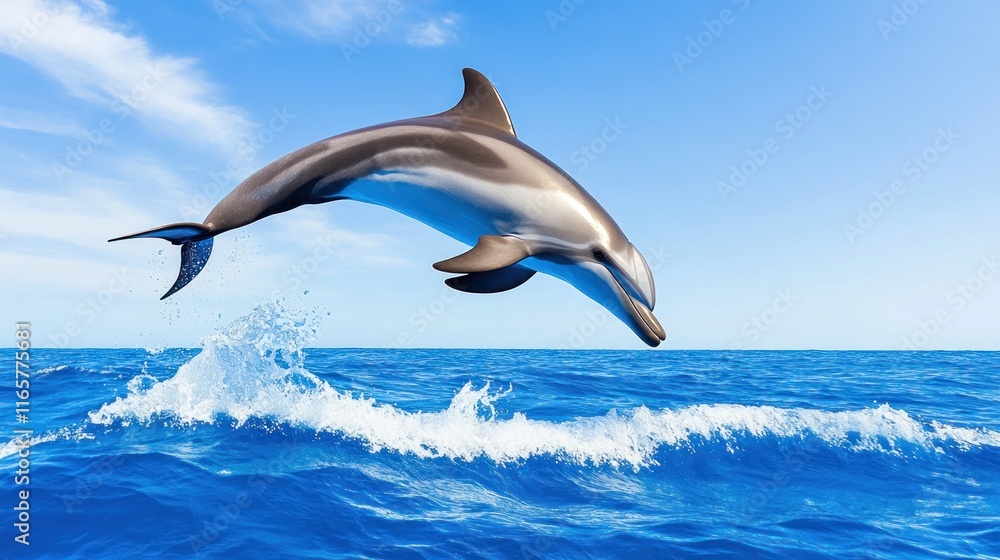 Fototapeta premium A dolphin leaps above vibrant ocean waves under a clear blue sky.