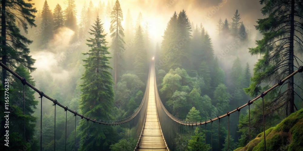 Fototapeta premium A suspension bridge stretches through a misty forest, leading towards a hidden path in the sun's golden rays