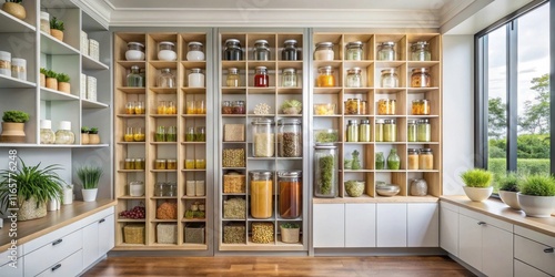 Organized pantry with glass jars filled with various dry goods, grains, and spices on open shelves in a modern kitchen with a large window overlooking a lush green garden.