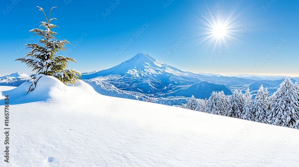 Obraz premium Majestic Winter Mountain Peak Snow Covered Trees Sunny Day