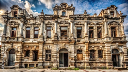 A crumbling facade of a grand building, its once ornate details now chipped and faded, stands as a testament to time's relentless passage. photo