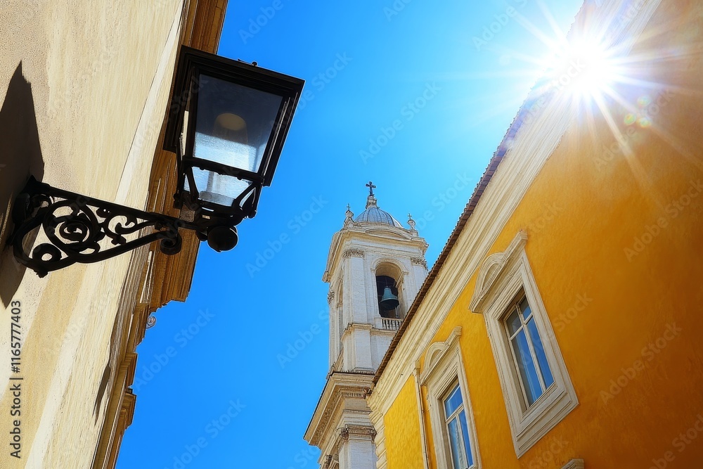 Low angle view of sunlit church bell tower and antique lamp. Low angle view of sunlit church bell tower and antique lamp.
