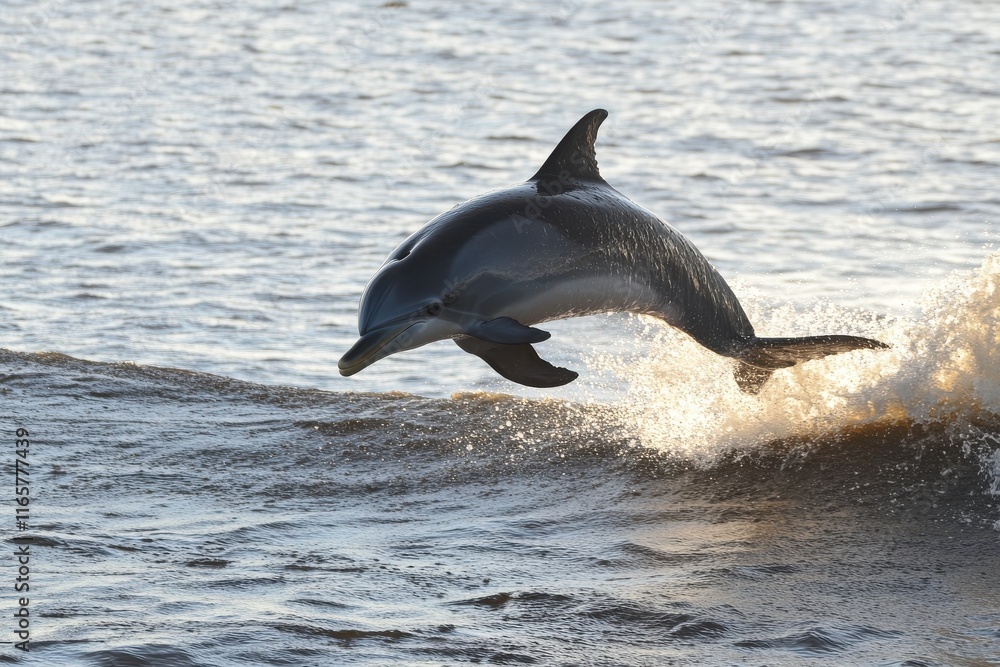 Fototapeta premium Dolphin Jumping Over Ocean Waves in Sunset Light