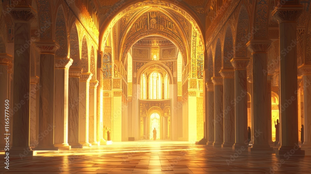 Obraz premium Majestic Byzantine Cathedral: Photorealistic Artwork of Tranquil Sacred Space with Soaring Arches, Mosaics, and Worshipers in Prayer