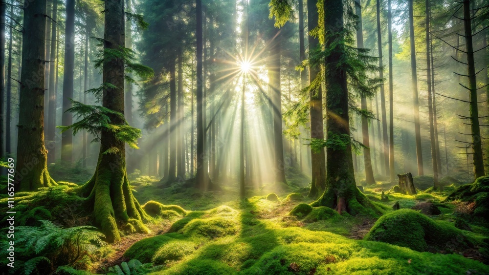 Obraz premium Sunlight beams through the dense canopy of a mossy forest, illuminating the forest floor with ethereal light.