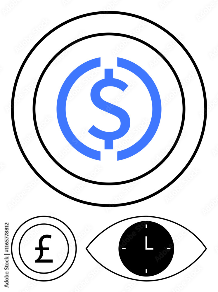 Dollar symbol in a blue circle, pound symbol encased, and a clock in an eye diagram. Ideal for finance, time management, valuation, economics, budgeting, currency exchange abstract line flat Dollar symbol in a blue circle, pound symbol encased, and a clock in an eye diagram. Ideal for finance, time management, valuation, economics, budgeting, currency exchange abstract line flat