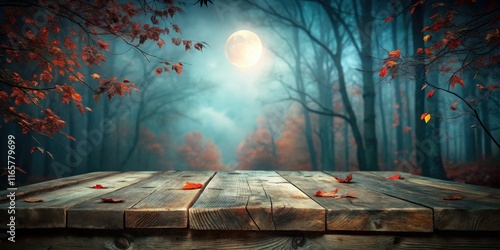 A wooden table sits before a misty forest scene with a full moon shining brightly through the branches photo