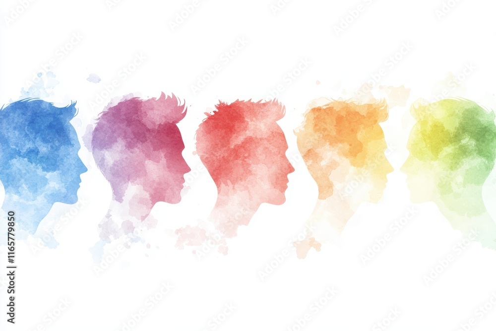 Obraz premium Colorful Silhouettes of Male Profiles in Watercolor Style on White Background