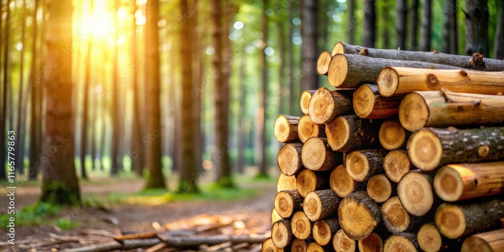 A stack of cut logs in the forest bathed in warm sunlight, showcasing the beauty of nature and the cyclical relationship between human activity and the environment. A stack of cut logs in the forest bathed in warm sunlight, showcasing the beauty of nature and the cyclical relationship between human activity and the environment.
