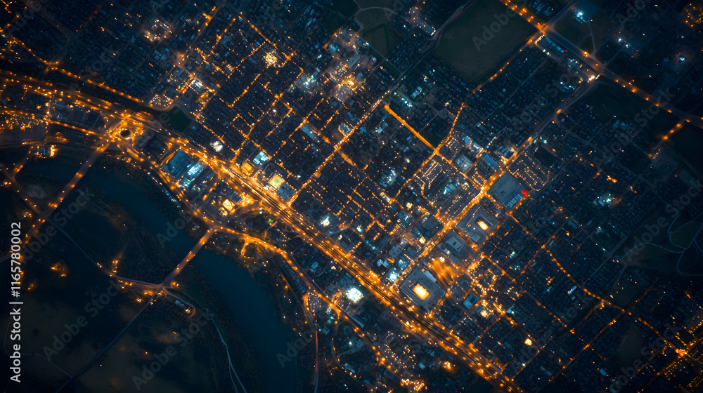 Fototapeta premium Aerial top down view of a busy city at night with a glowing urban lights