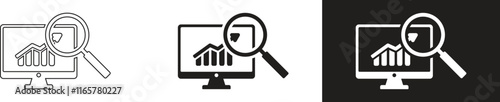 A set of magnifying glass data analysis search icons with three different styles. Data, analysis, search, statistics, financial development monitoring. Vector illustration