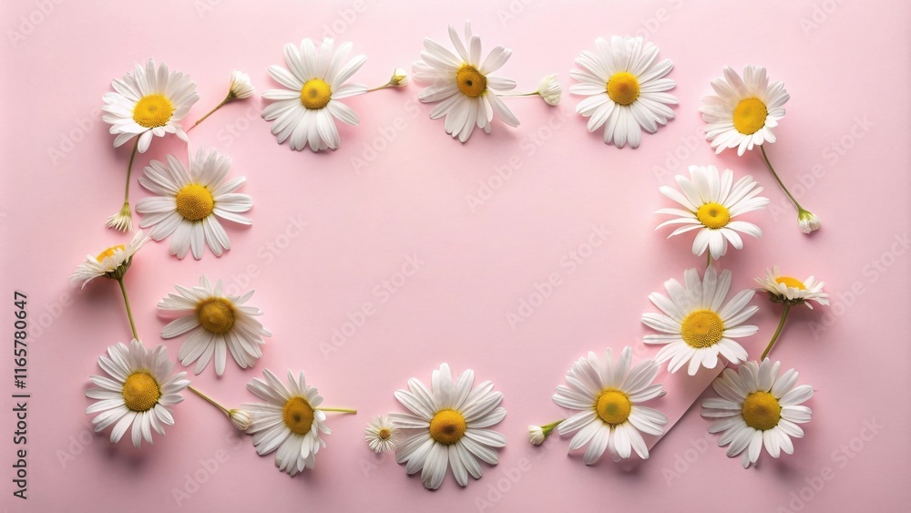 Fototapeta premium A delicate arrangement of white daisies with yellow centers, artfully placed against a soft pink backdrop, creating a charming and elegant composition.