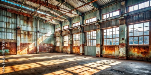 Wallpaper Mural A rusted steel structure with numerous windows overlooking an empty interior space illuminated by sunlight creating long shadows across the floor Torontodigital.ca