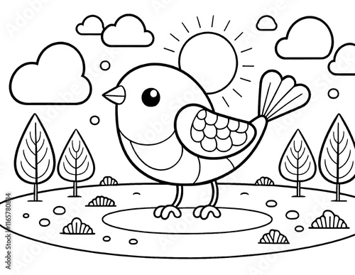 scene with bird, trees and sun easy coloring page for kids and adults. ready to print on standard 8.5x11 inch paper
