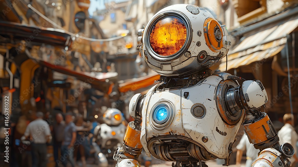 Futuristic robot in a bustling marketplace. Futuristic robot in a bustling marketplace.