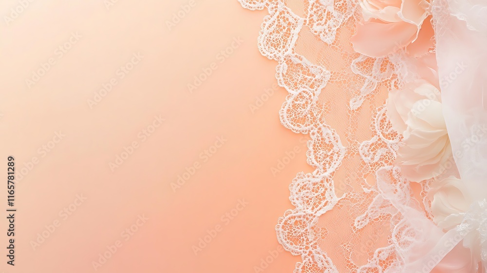 Fototapeta premium Peach Background With White Lace and Roses
