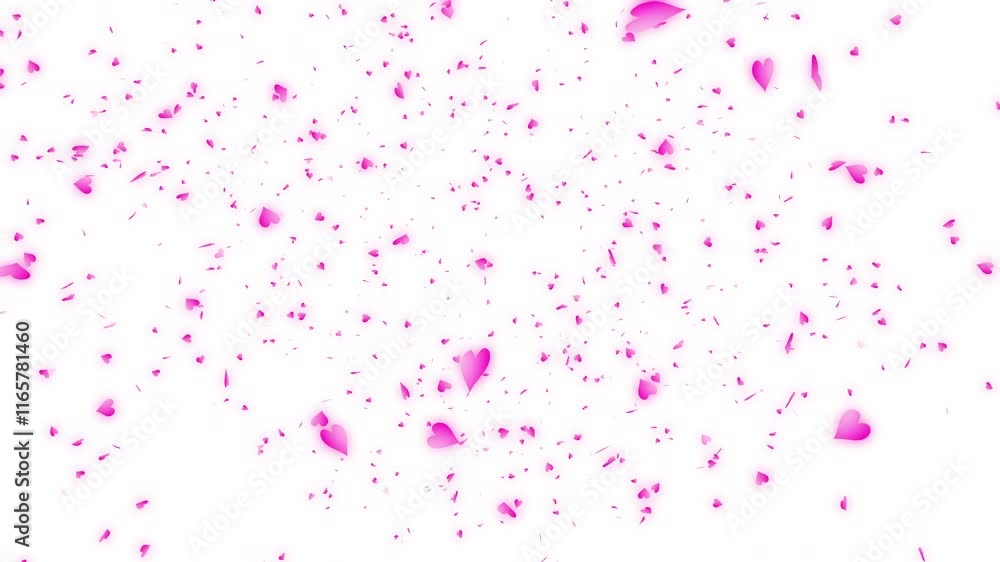 Glowing pink gradient heart shapes falling on white background with a bird's-eye view. Abstract background for Happy Valentine's day and wedding ceremony. Glowing pink gradient heart shapes falling on white background with a bird's-eye view. Abstract background for Happy Valentine's day and wedding ceremony.
