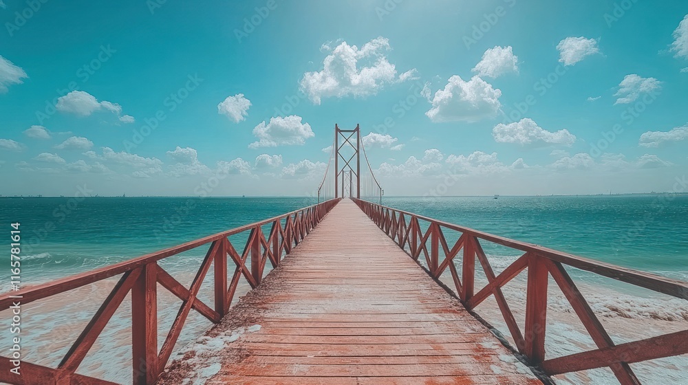 Fototapeta premium Wooden pier extending into a tranquil ocean under a vibrant sky.