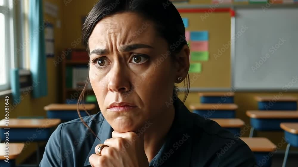 Pensive classroom moment: woman in thoughtful reflection amidst school desks Pensive classroom moment: woman in thoughtful reflection amidst school desks