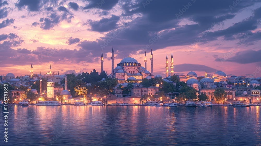 Twilight Beauty of the Byzantine Empire: Photorealistic View of City Lights Coming Alive at Dusk Twilight Beauty of the Byzantine Empire: Photorealistic View of City Lights Coming Alive at Dusk