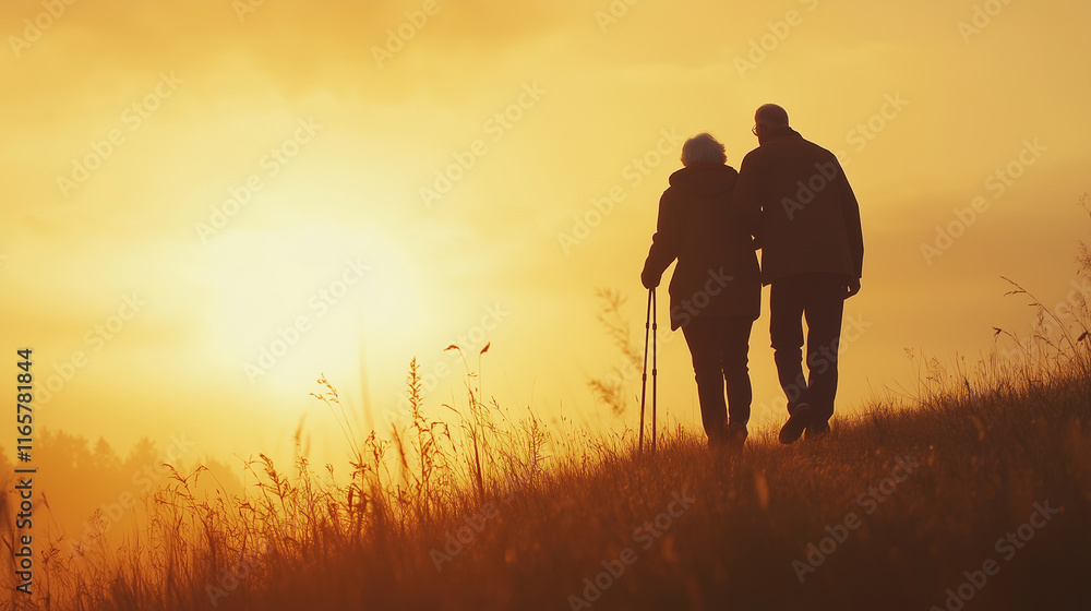 Elderly couple walking together on a grassy hill during a beautiful sunset - Concept of a peaceful moment, companionship and serenity. Elderly couple walking together on a grassy hill during a beautiful sunset - Concept of a peaceful moment, companionship and serenity.