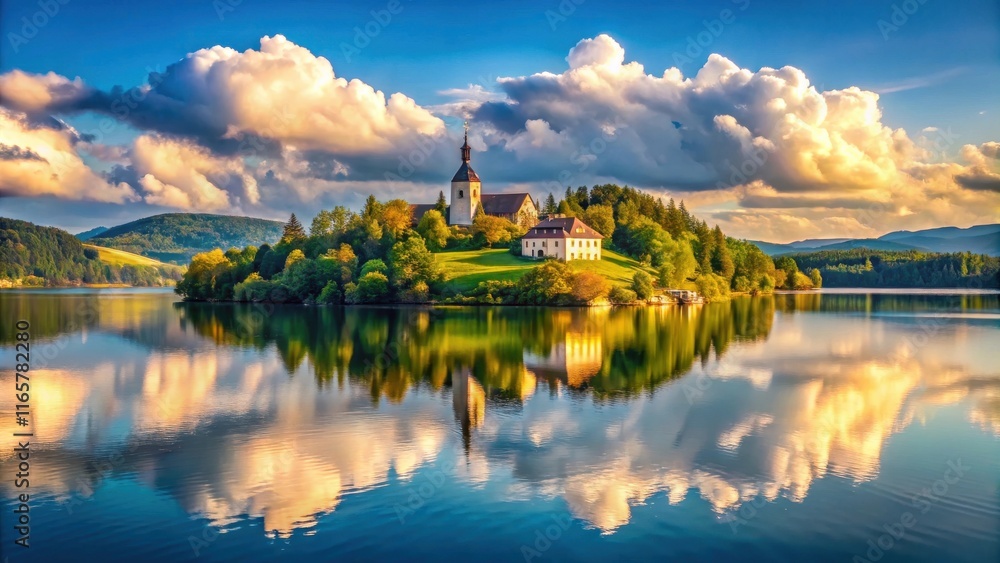 Fototapeta premium A tranquil island with a church and forest, reflecting on the calm surface of a lake beneath a picturesque sky with fluffy clouds.