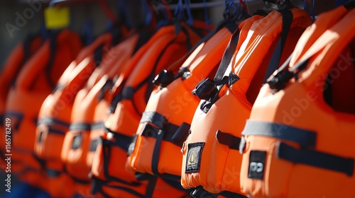 Vibrant orange life vests, meticulously aligned on a rental rack, embody protection and readiness for aquatic pursuits, boat excursions, and outdoor escapades. 