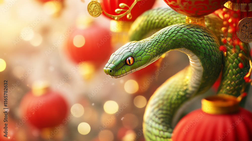 Green snake among red lanterns and festive decorations. Green snake among red lanterns and festive decorations.
