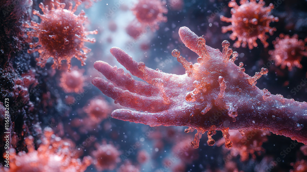 A detailed close-up of a hand covered in virus particles, representing viral infection and disease transmission A detailed close-up of a hand covered in virus particles, representing viral infection and disease transmission