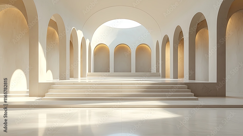 Sunlit minimalist architecture interior with arches, stairs, and subtle lighting. Sunlit minimalist architecture interior with arches, stairs, and subtle lighting.