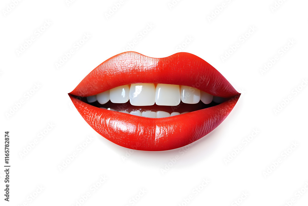 Close up red lips smiling mouth collage element isolated on white background Close up red lips smiling mouth collage element isolated on white background
