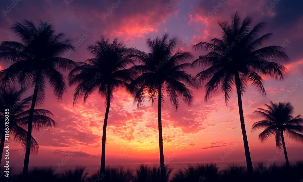 A vibrant sunset over the ocean, framed by silhouetted palm trees.