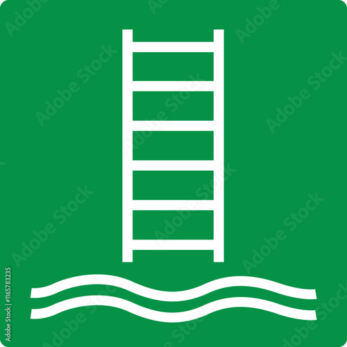Green sign embarkation ladder. Indication the location a fixed or portable ladder intended for the safe embarkation or disembarkation persons on a vessel platform or other object. Iso 7010.