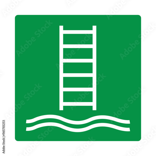 Green sign embarkation ladder. Indication the location a fixed or portable ladder intended for the safe embarkation or disembarkation persons on a vessel platform or other object. Iso 7010.