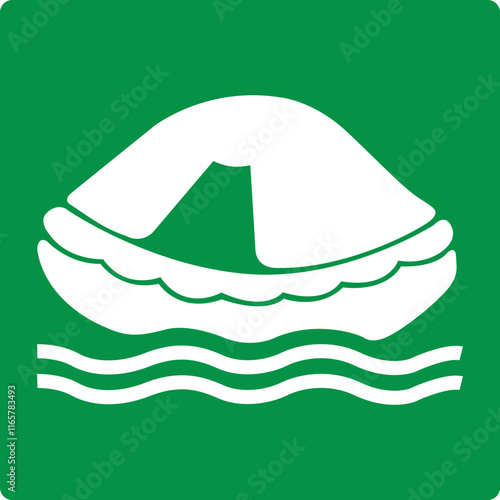 Green sign liferaft. Liferaft locations intended for evacuation of persons in case of emergency on a vessel or other object. Organization of evacuation in emergency conditions. Iso 7010.