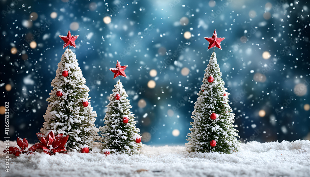 Obraz premium Christmas Trees Decorated with Stars in Falling Snow