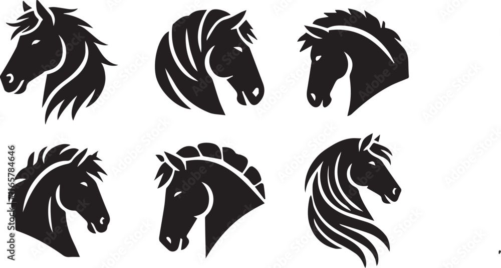 Fototapeta premium Horse head vector black silhouette lineart logo icon bundle, animal isolated on white background collection, creative minimal clean detail editable set