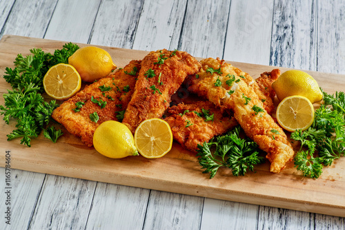 crispy fried fish fillets served on a cutting board with fresh parsley and lemon