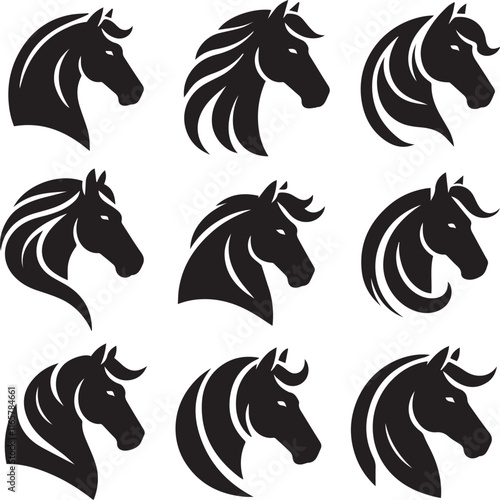 Horse head vector black silhouette lineart logo icon bundle, animal isolated on white background collection, creative minimal clean detail editable set photo