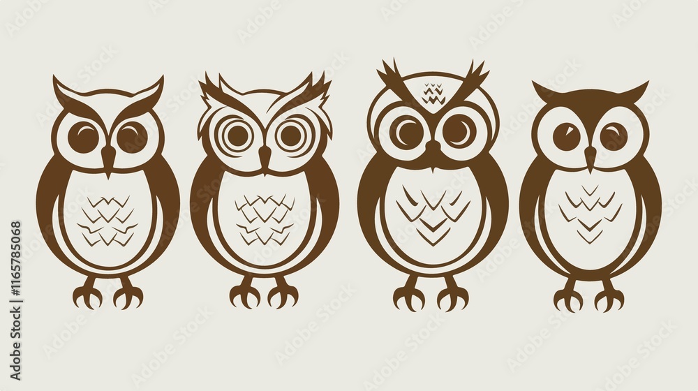 Four Cartoon Vector Style Owl Outline Icons for Graphic Design Four Cartoon Vector Style Owl Outline Icons for Graphic Design