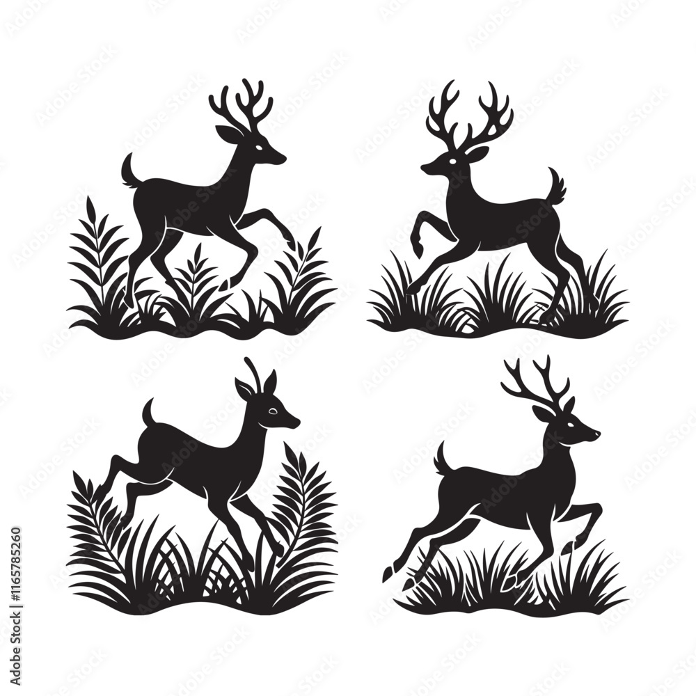 Obraz premium Set of A jungle deer leaping through the grass silhouette, black and white silhouette, vector and&nbsp;illustration