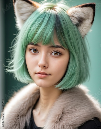 girl portrait with green hair and foxy ear photo