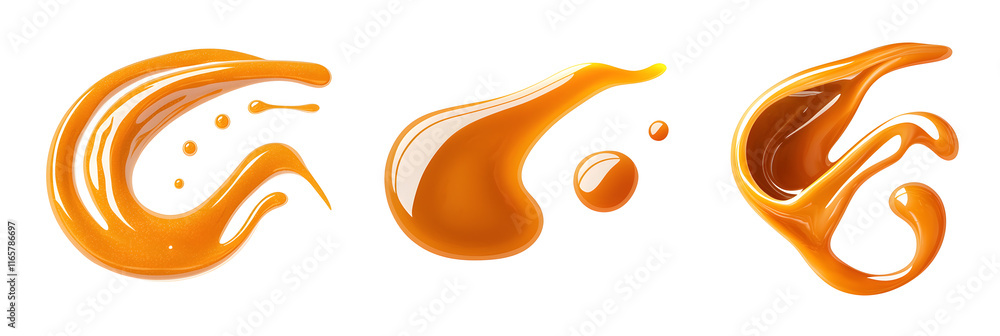 Fototapeta premium Set of abstract swirls from sweet caramel sauce isolated on white background. Vector style illustration design for packaging or print products.