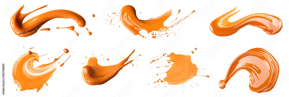 Fototapeta premium Set of abstract swirls from sweet caramel sauce isolated on white background. Vector style illustration design for packaging or print products.