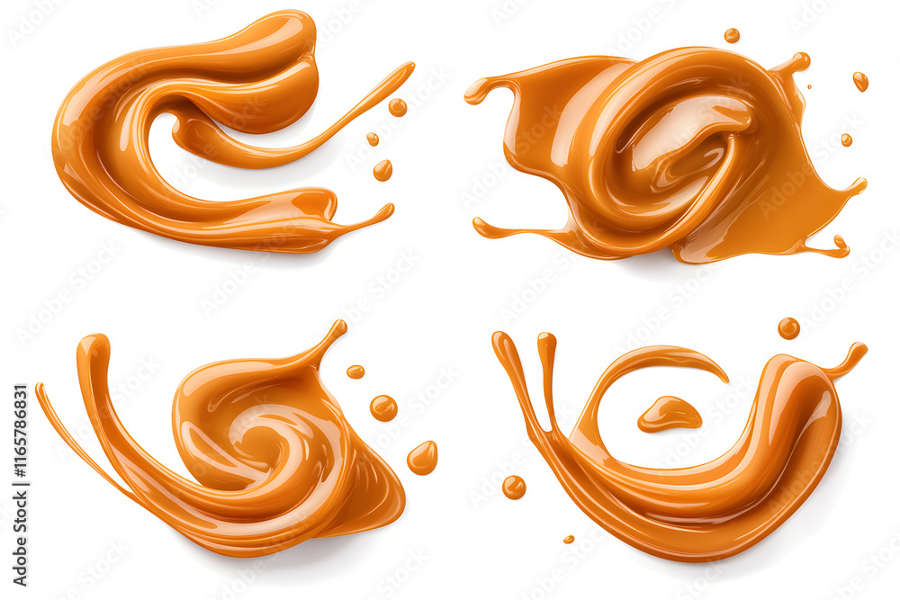 Obraz premium Set of abstract swirls from sweet caramel sauce isolated on white background. Vector style illustration design for packaging or print products.