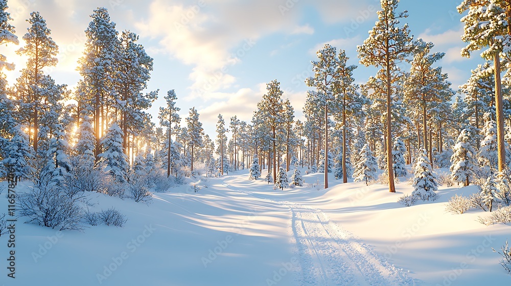 Snow Covered Pine Trees In A Winter Forest Path Snow Covered Pine Trees In A Winter Forest Path