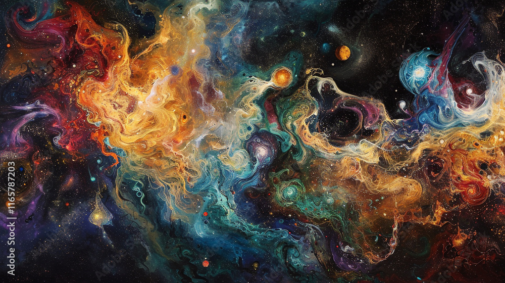 Fototapeta premium Swirling cosmic clouds of iridescent colors converging to form an abstract celestial tapestry.